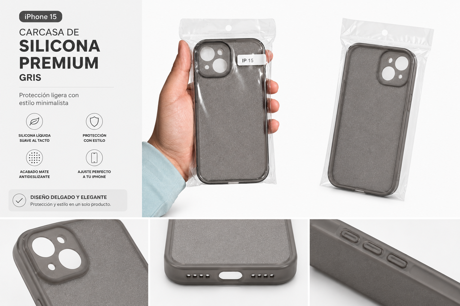 Carcasa de Silicona Gris para iPhone 15